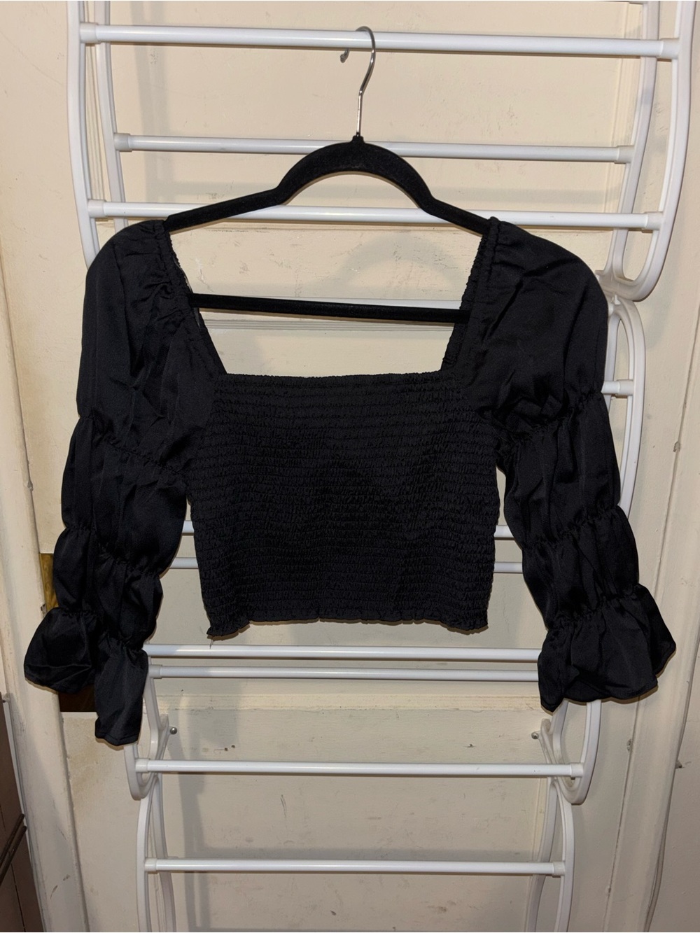 Free People Black Smocked Square-Neck Crop Top with Puff Sleeves Grunge Hippie